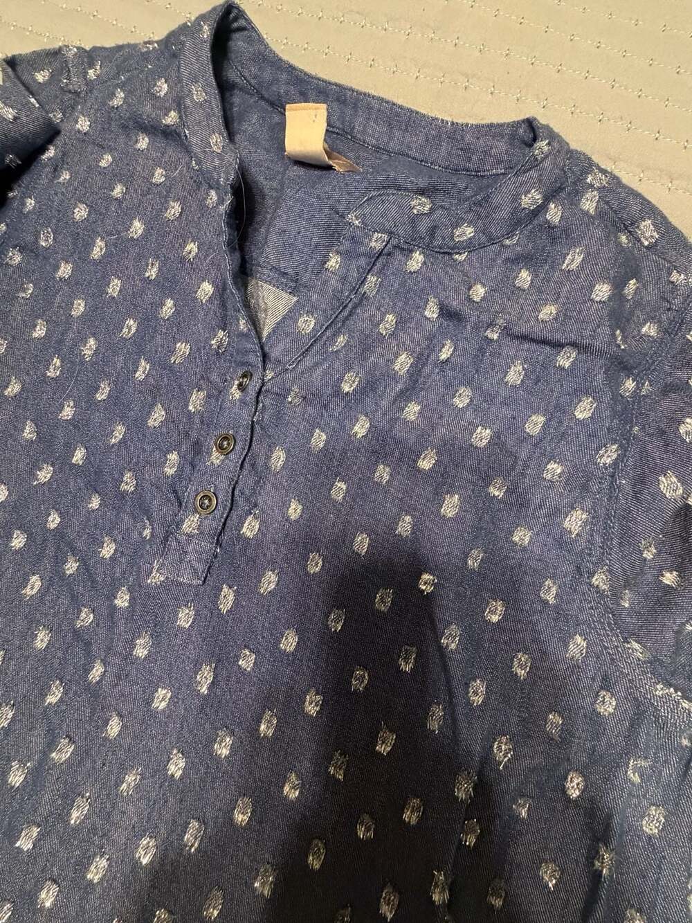 Chico's Blue Long Sleeve Button-Front Blouse with silver Metallic Dot Texture - Picture 4 of 9